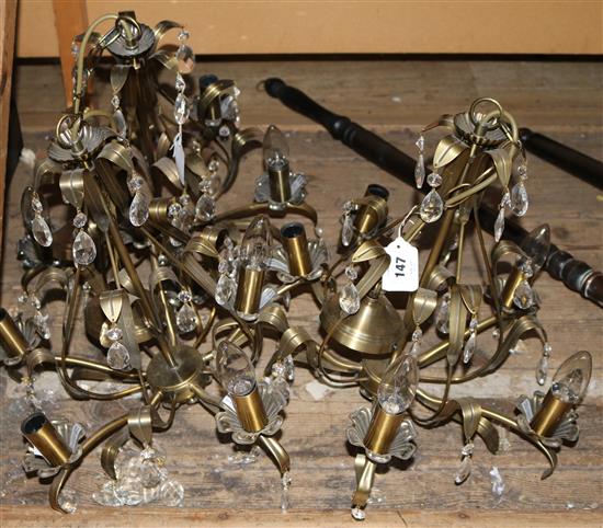 Set of three gilt metal six branch ceiling chandeliers